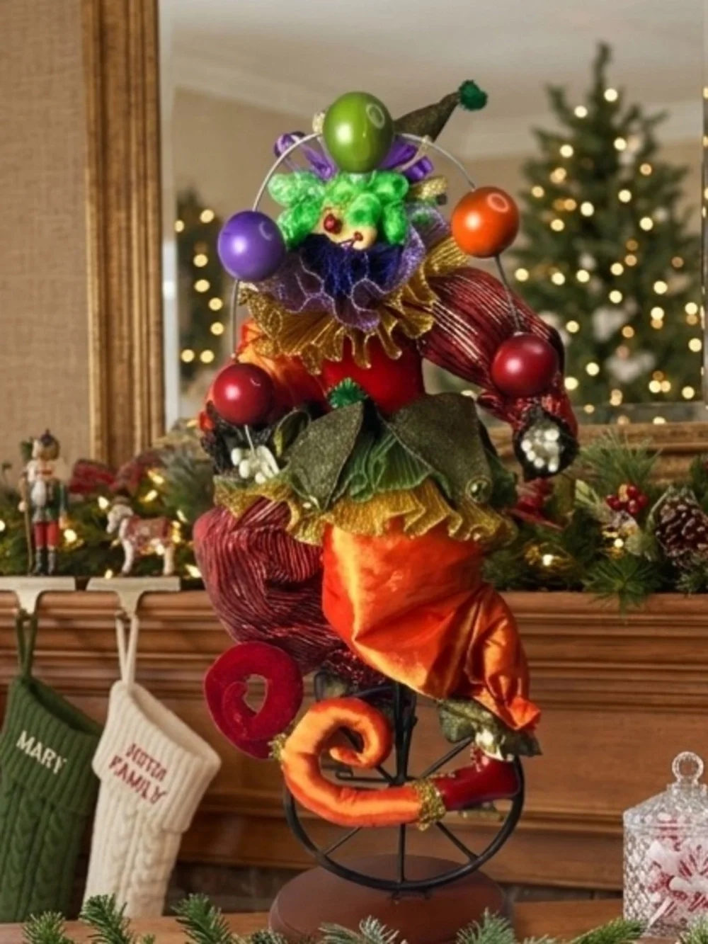 Whimsical Jester/Clown Figurine in Vibrant Attire on a Tricycle Stand